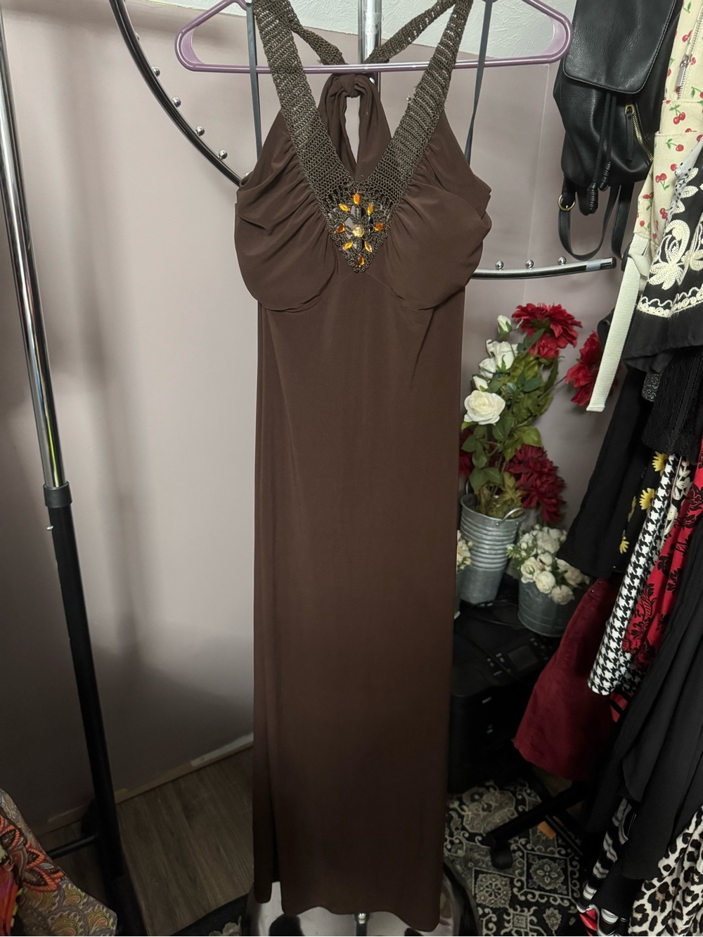 Taboo Brown Maxi Dress with Beaded Halter Neckline